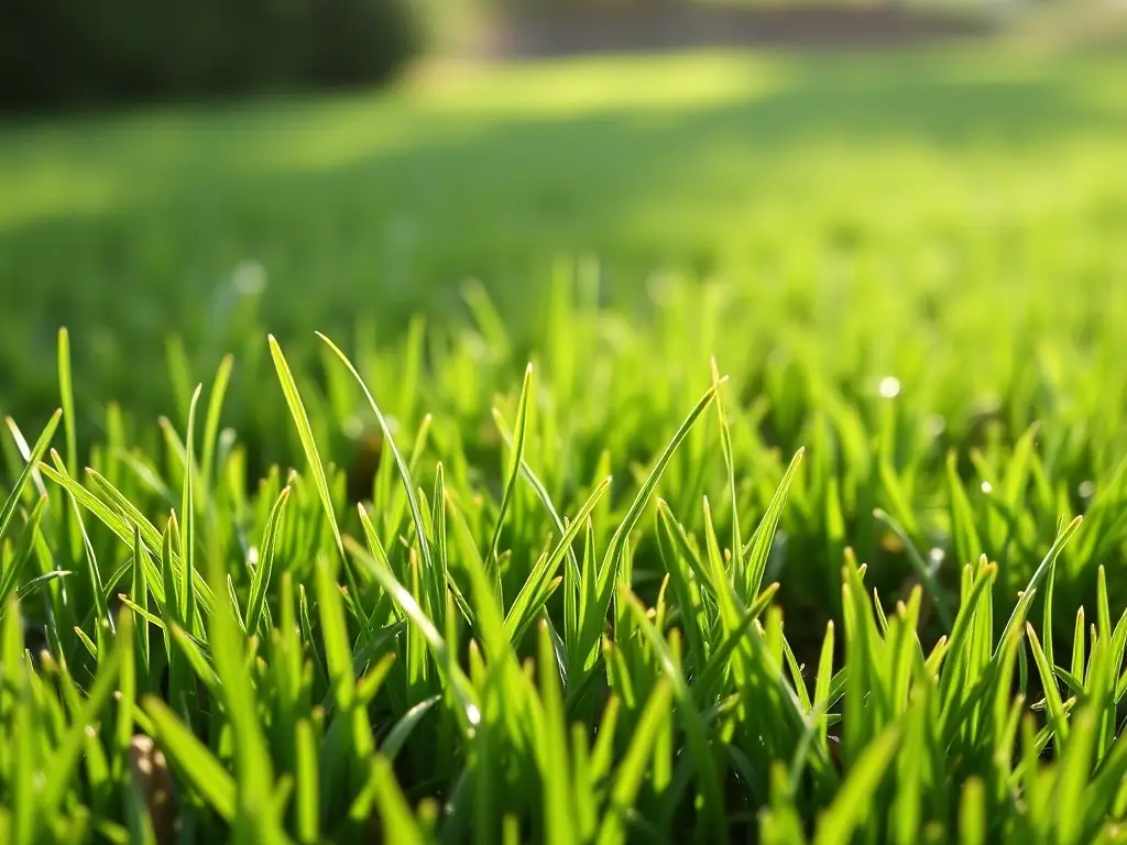 A close-up of a lush green lawn with healthy grass and minimal weeds, illustrating effective fertilization and weed management by Lawn Mowing.