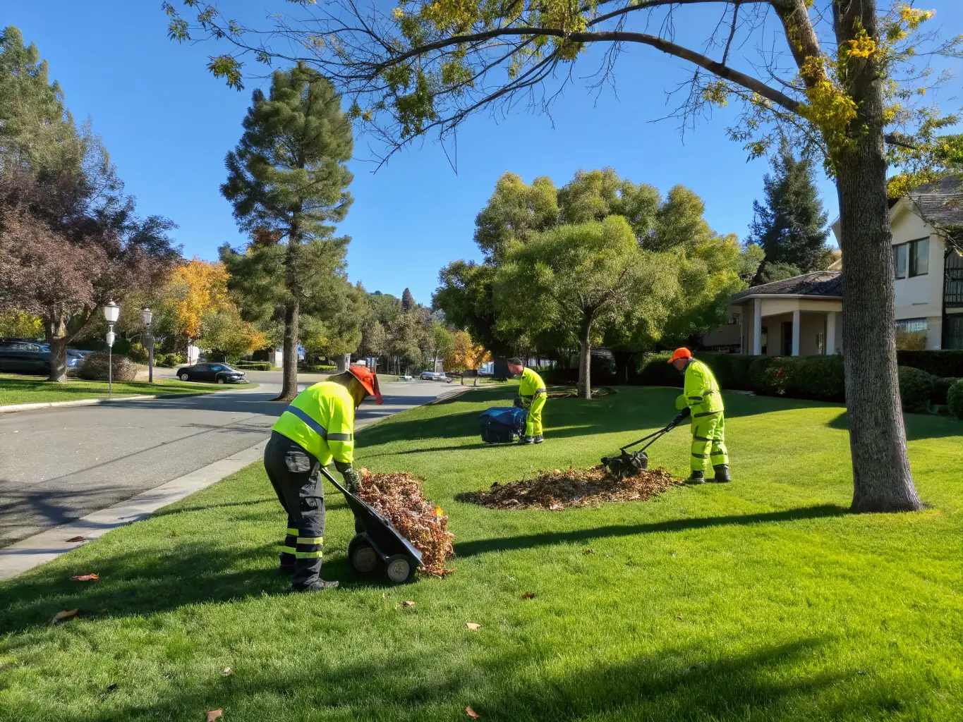 A montage of seasonal lawn activities: spring planting, summer mowing, fall cleanup, and winter snow protection by Lawn Mowing.