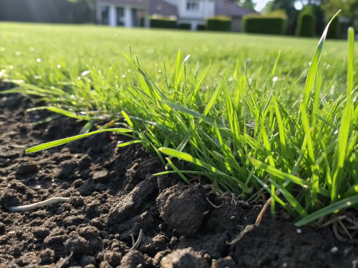 Close-up of a lush green lawn with healthy grass and minimal weeds, illustrating effective fertilization and weed management.