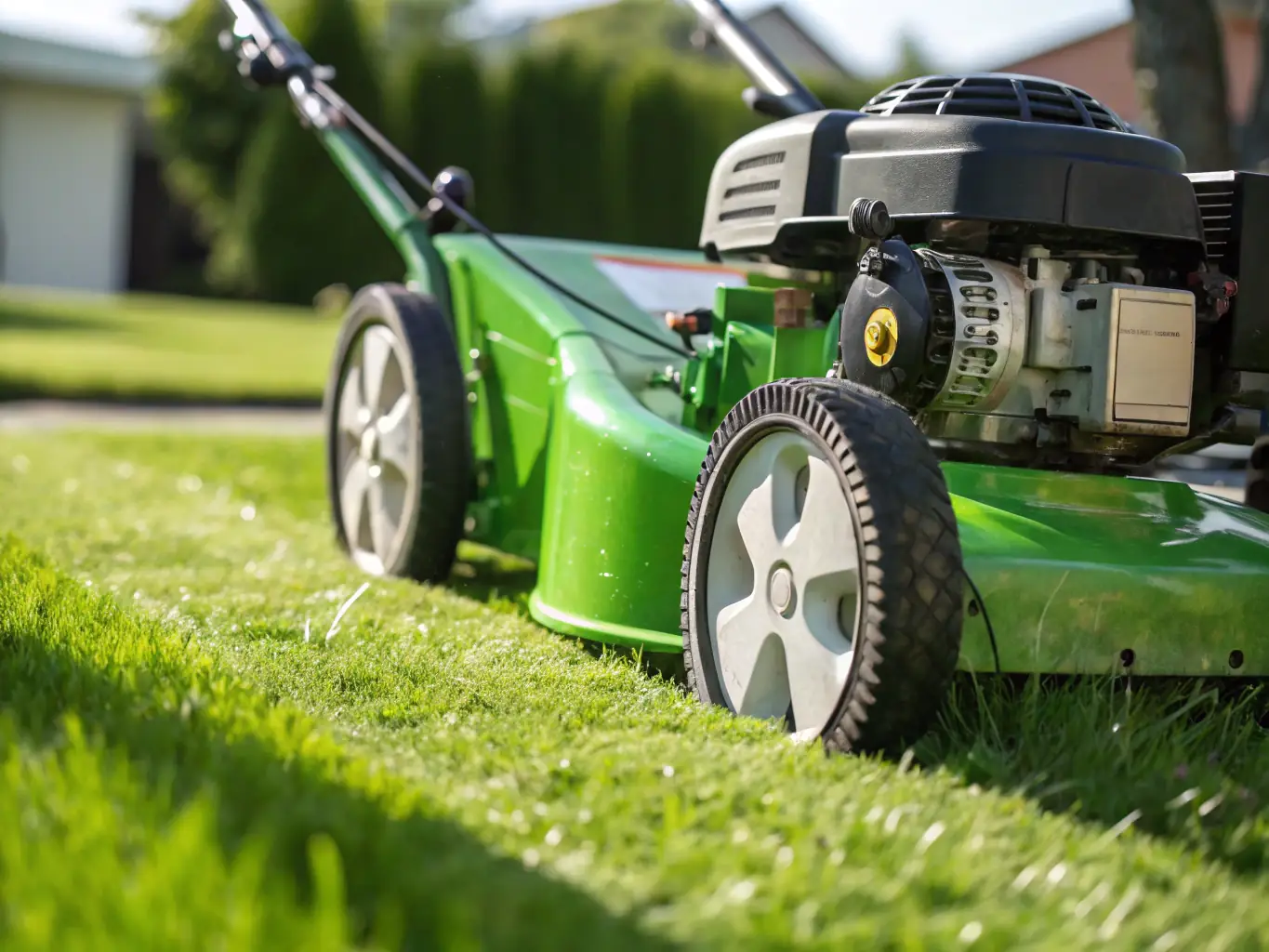 A team of lawn care professionals mowing a lush, green lawn with modern equipment, showcasing precision and care.